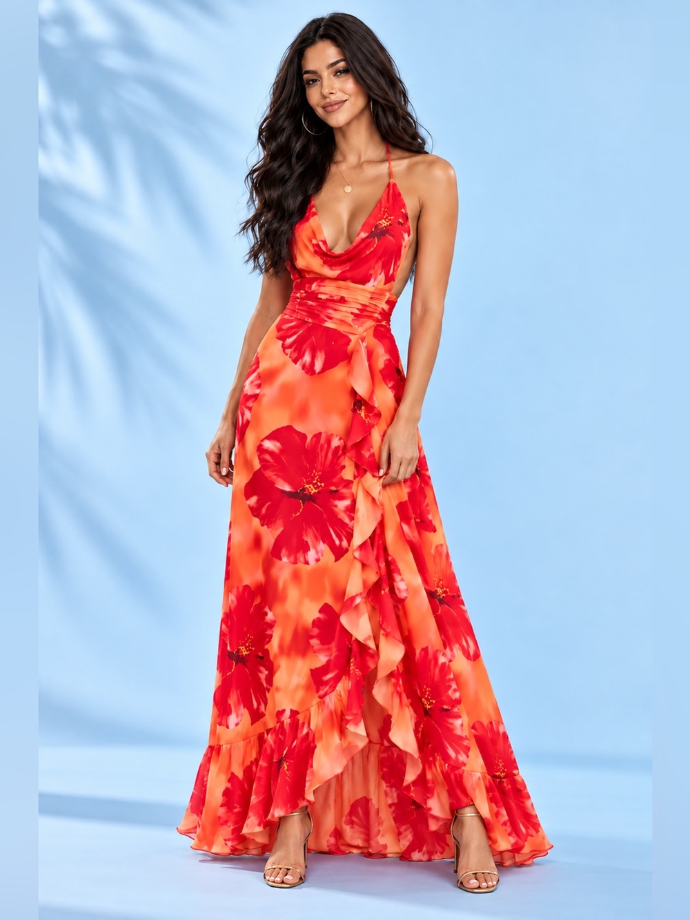 NWT Fashion Nova Vacay Crush Halter Maxi Dress XS Orange Floral Ruffle